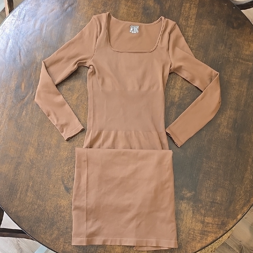 Tan Ribbed Square Neck Long Sleeve Dress